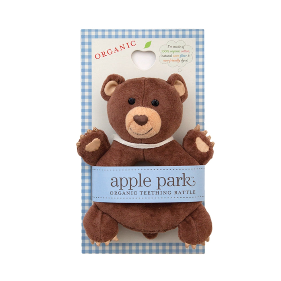 Cubby soft organic cotton teething rattle by Apple Park & Organic Farm Buddies on its product card