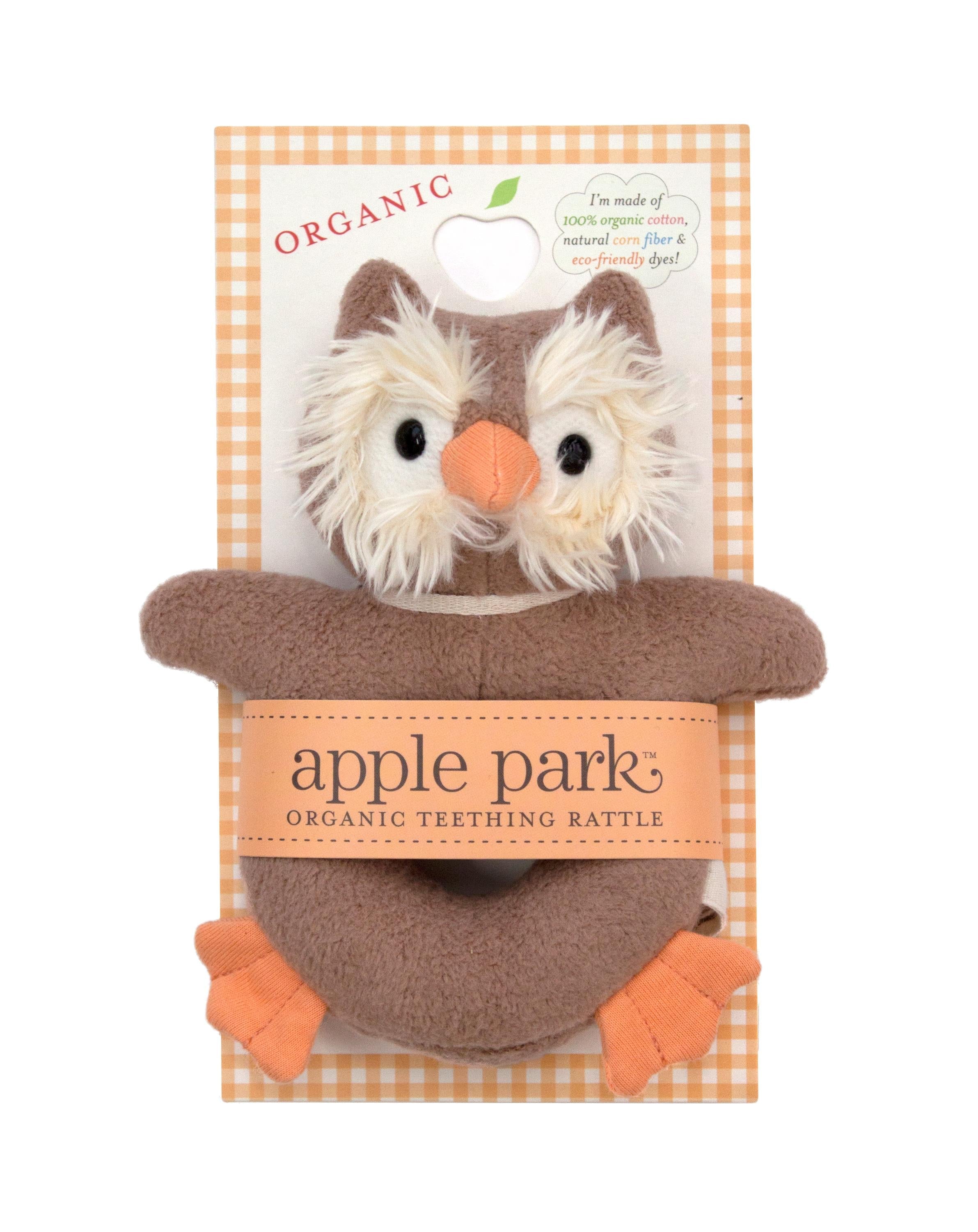 Apple Park Soft Teething Rattle in the owl design, an organic cotton baby rattle