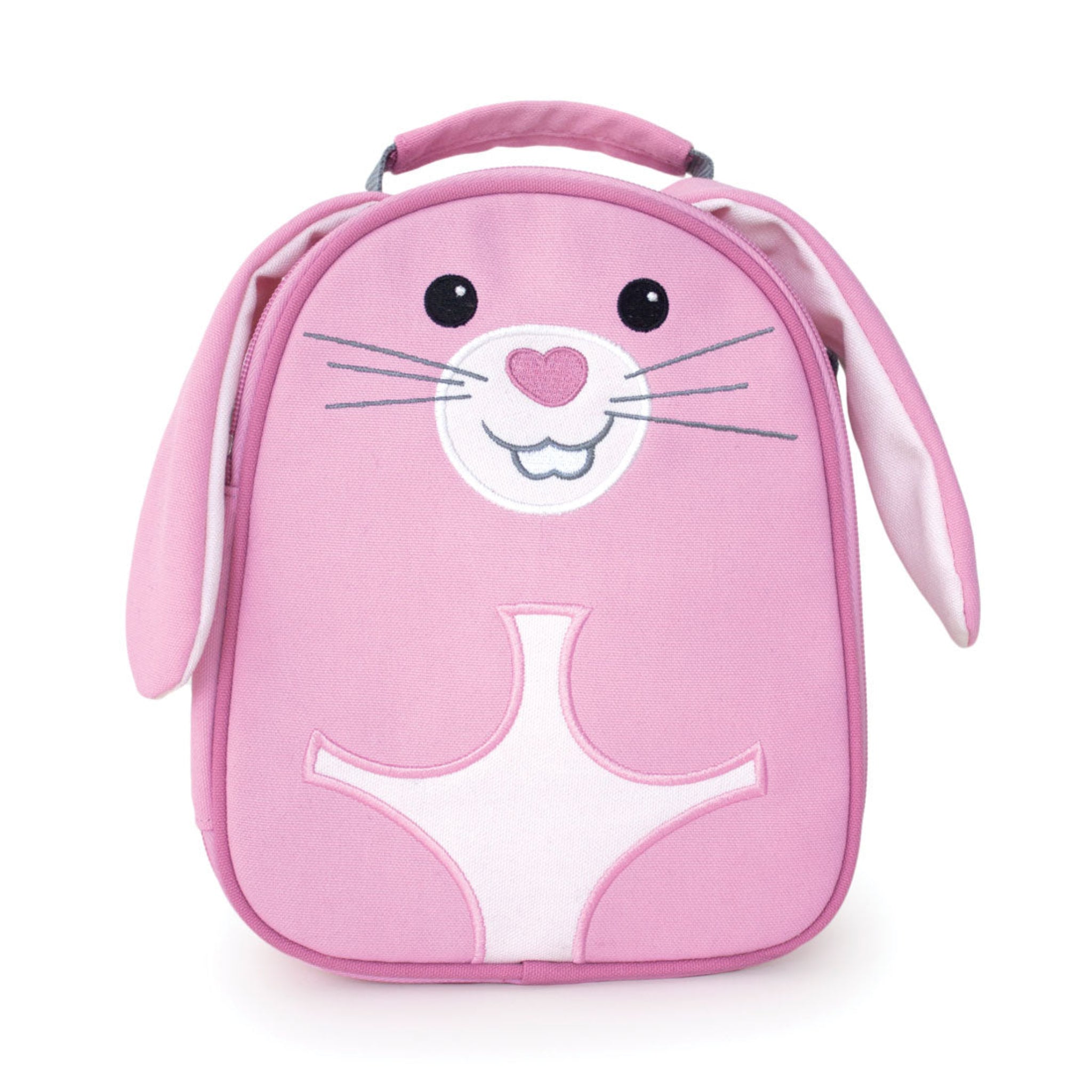 Pink animal-shaped lunch bag with a face on a white background