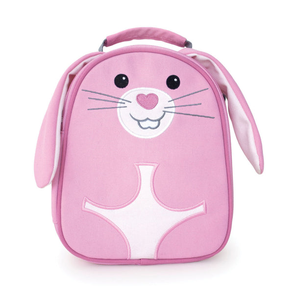 Pink animal-shaped lunch bag with a face on a white background