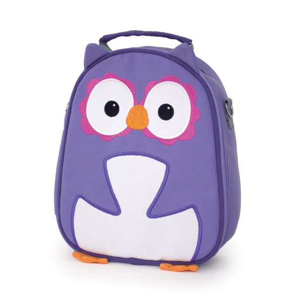 Purple owl-shaped lunch bag on a white background