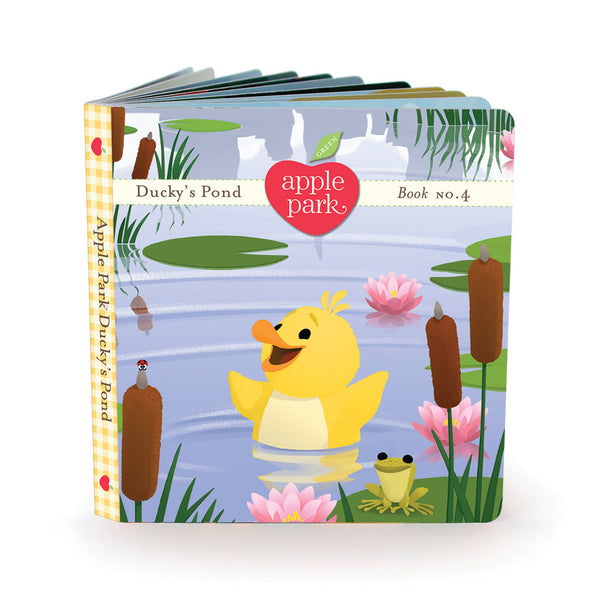 Children's book titled 'Ducky's Pond' by Apple Park with a yellow duck illustration on the cover. Discover Ducky’s Pond, an eco-friendly board book from Apple Park. Printed with non-toxic soy ink on FSC-certified paper, this safe and sustainable book teaches toddlers about swimming and making friends. The perfect gift for conscious parents and curious little ones!