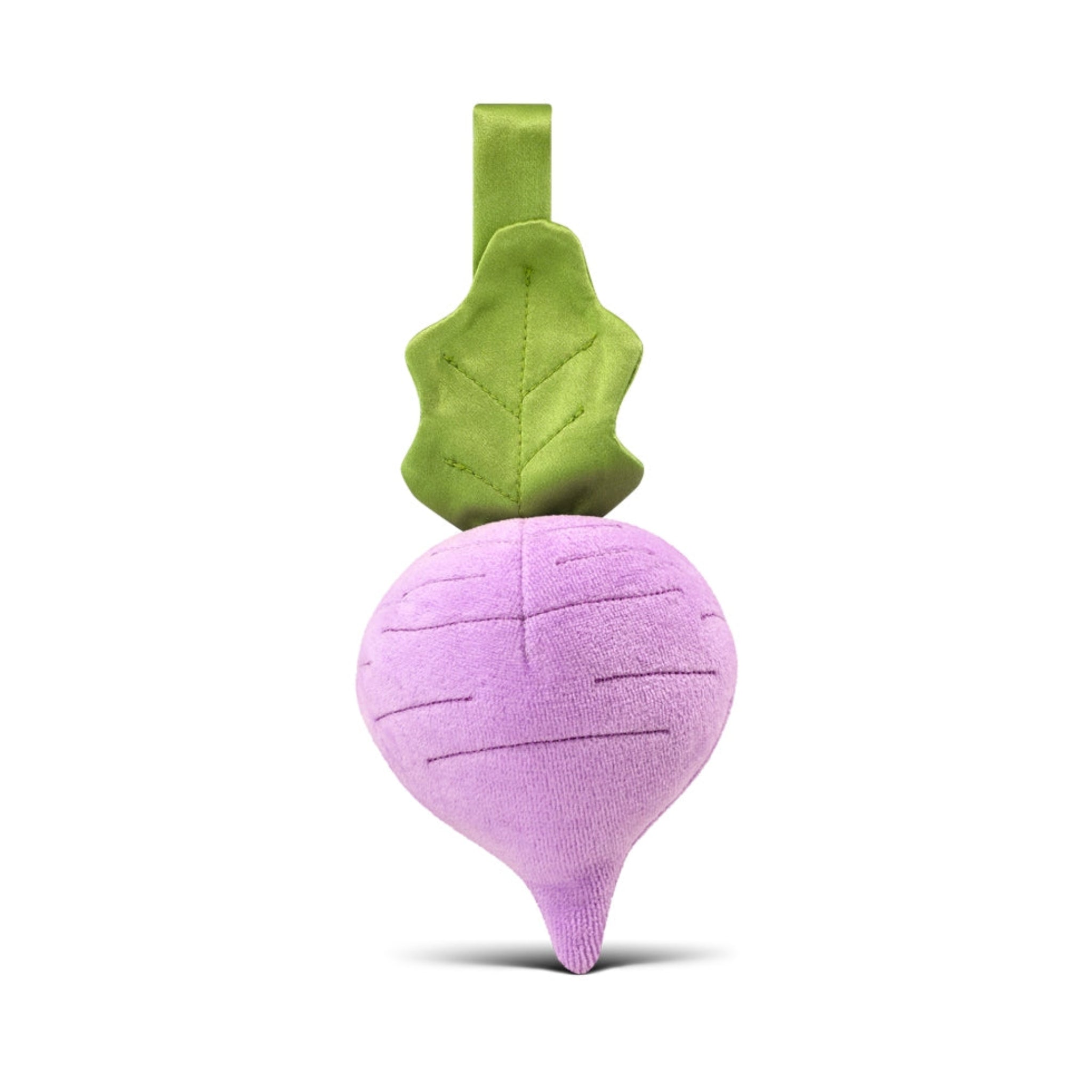 Purple radish-shaped toy with green leaf on a white background