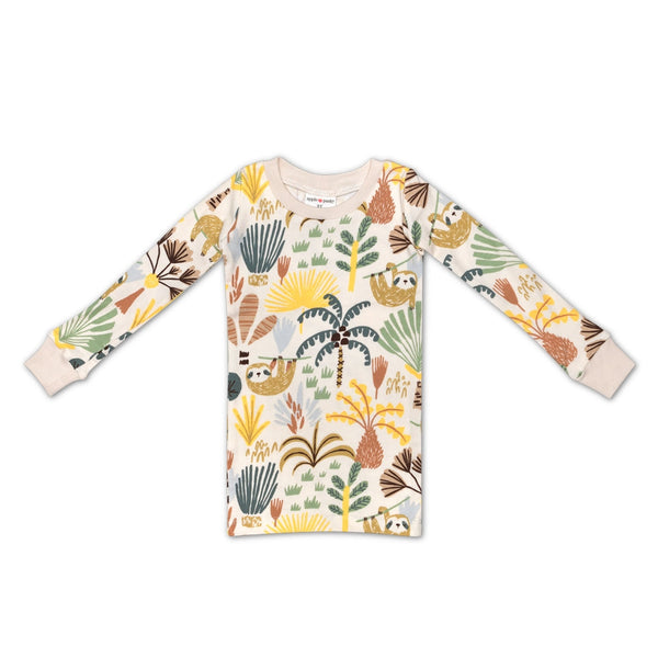 Apple Park sloth pajamas laid flat showing snug-fit sleepwear design in organic interlock cotton