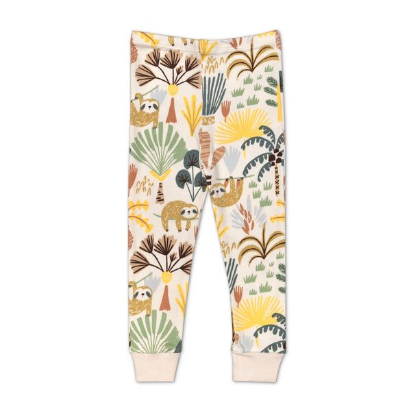 Close-up of sloth print detail on Apple Park certified organic cotton baby pajamas