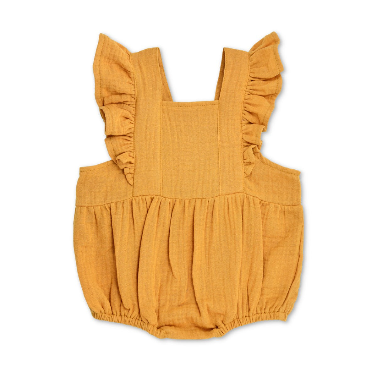 Mustard organic muslin flutter sleeve baby romper by Apple Park, flat lay showing ruffle sleeves and snap back closure