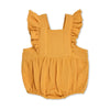 Mustard organic muslin flutter sleeve baby romper by Apple Park, flat lay showing ruffle sleeves and snap back closure