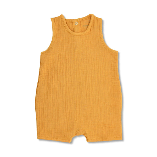 Apple Park organic muslin sleeveless coverall in mustard for babies
