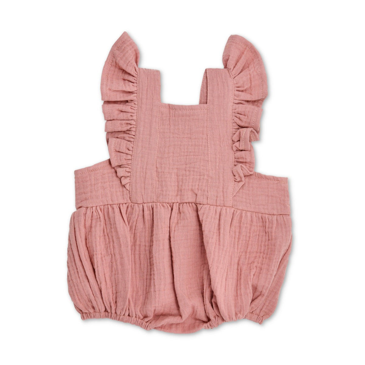 Apple Park organic muslin flutter sleeve baby romper in terra cotta with ruffled sleeves and snap back closure