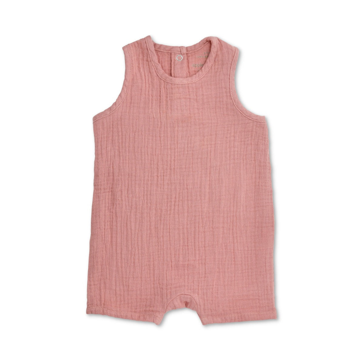 Apple Park organic muslin sleeveless baby coverall in terra cotta, made from 100% organic cotton with OEKO-TEX certified eco-friendly dyes