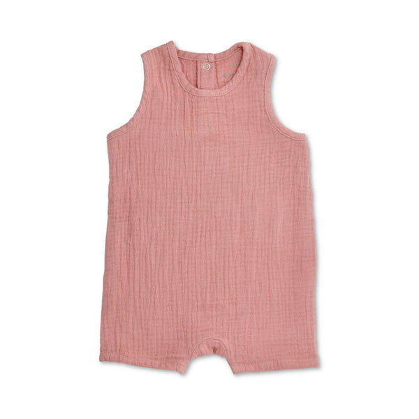 Apple Park organic muslin sleeveless baby coverall in terra cotta, made from 100% organic cotton with OEKO-TEX certified eco-friendly dyes