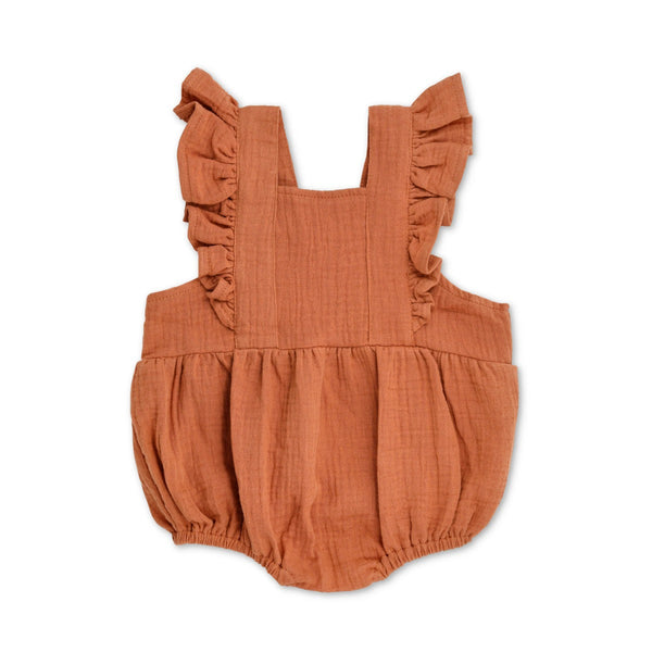 Organic muslin flutter sleeve baby romper in rust by Apple Park