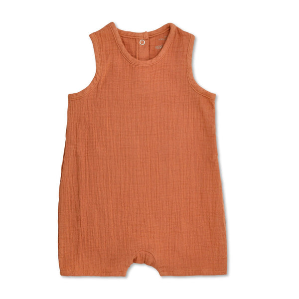 Apple Park organic muslin sleeveless baby coverall in rust, OEKO-TEX certified eco-friendly cotton with snap back neck closure