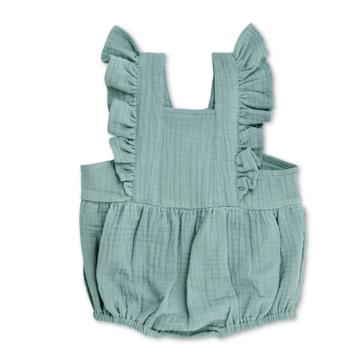 Teal organic muslin flutter sleeve baby romper by Apple Park, flat lay view