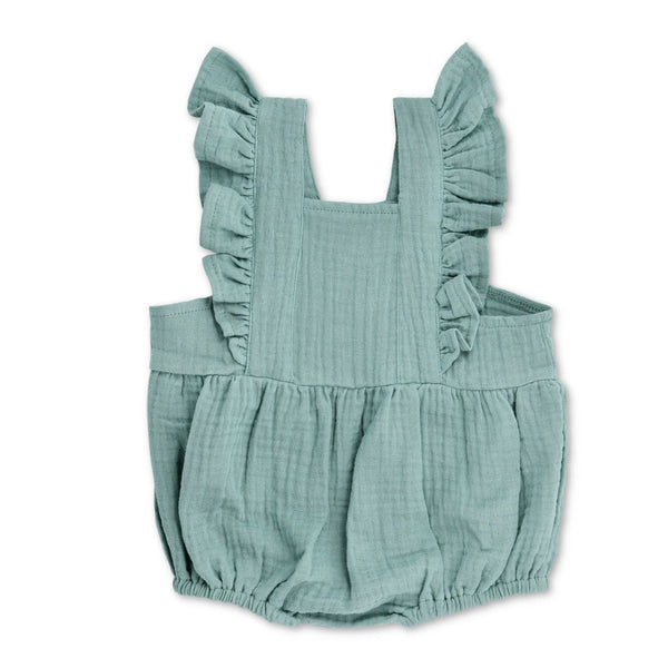 Teal organic muslin flutter sleeve baby romper by Apple Park, flat lay view