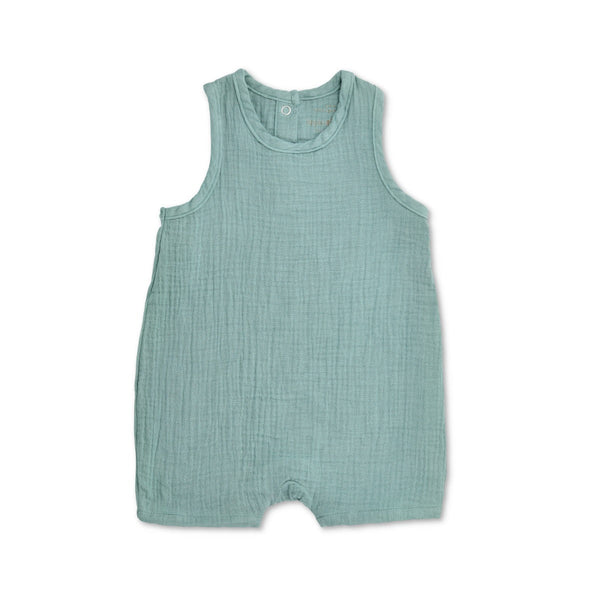 Apple Park organic muslin sleeveless baby coverall in teal with snap-back neck closure
