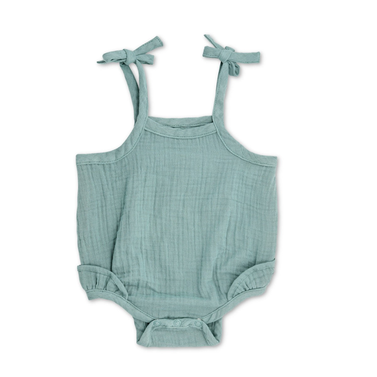 Teal organic muslin ruffle romper with adjustable spaghetti tie straps and snap bottom closure for babies and toddlers by Apple Park