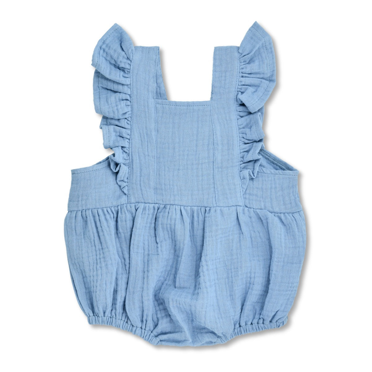 Apple Park blue organic muslin flutter sleeve baby romper with snap back closure and ruffled sleeves