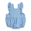 Apple Park blue organic muslin flutter sleeve baby romper with snap back closure and ruffled sleeves