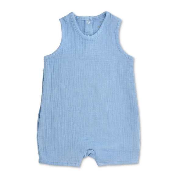 Apple Park organic muslin sleeveless baby coverall in blue with snap back neck closure