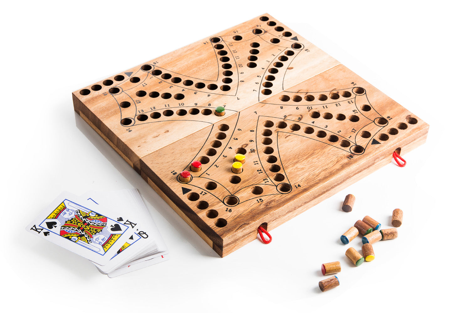 Wooden cribbage board with pegs and a card on a white background
