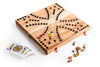Wooden cribbage board with pegs and a card on a white background