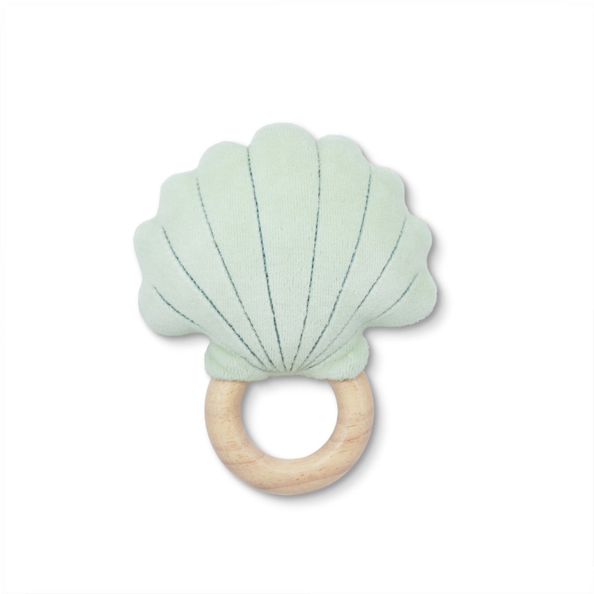 Shell-shaped teething ring with wooden base on a white background