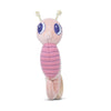 Pink plush toy with striped body and large eyes on a white background