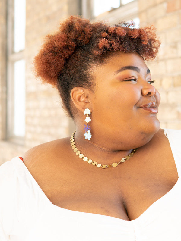 Trendy teal floral drop earrings by Fair Anita — nickel-free and fair trade made
