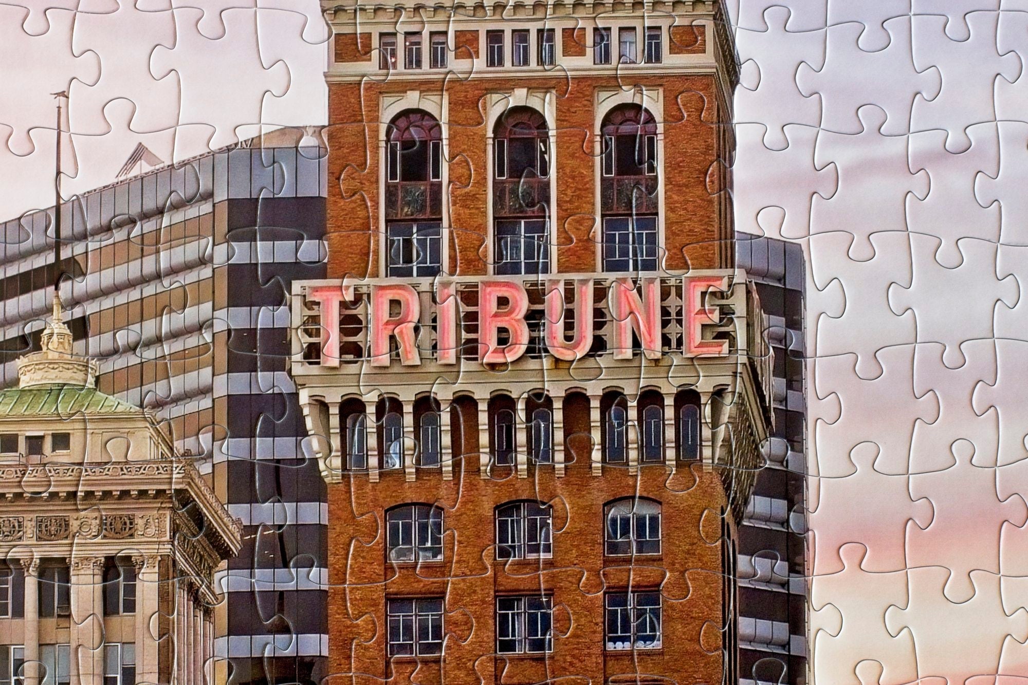 Detail of the Tribune Tower artwork on the 500-piece Oakland jigsaw puzzle