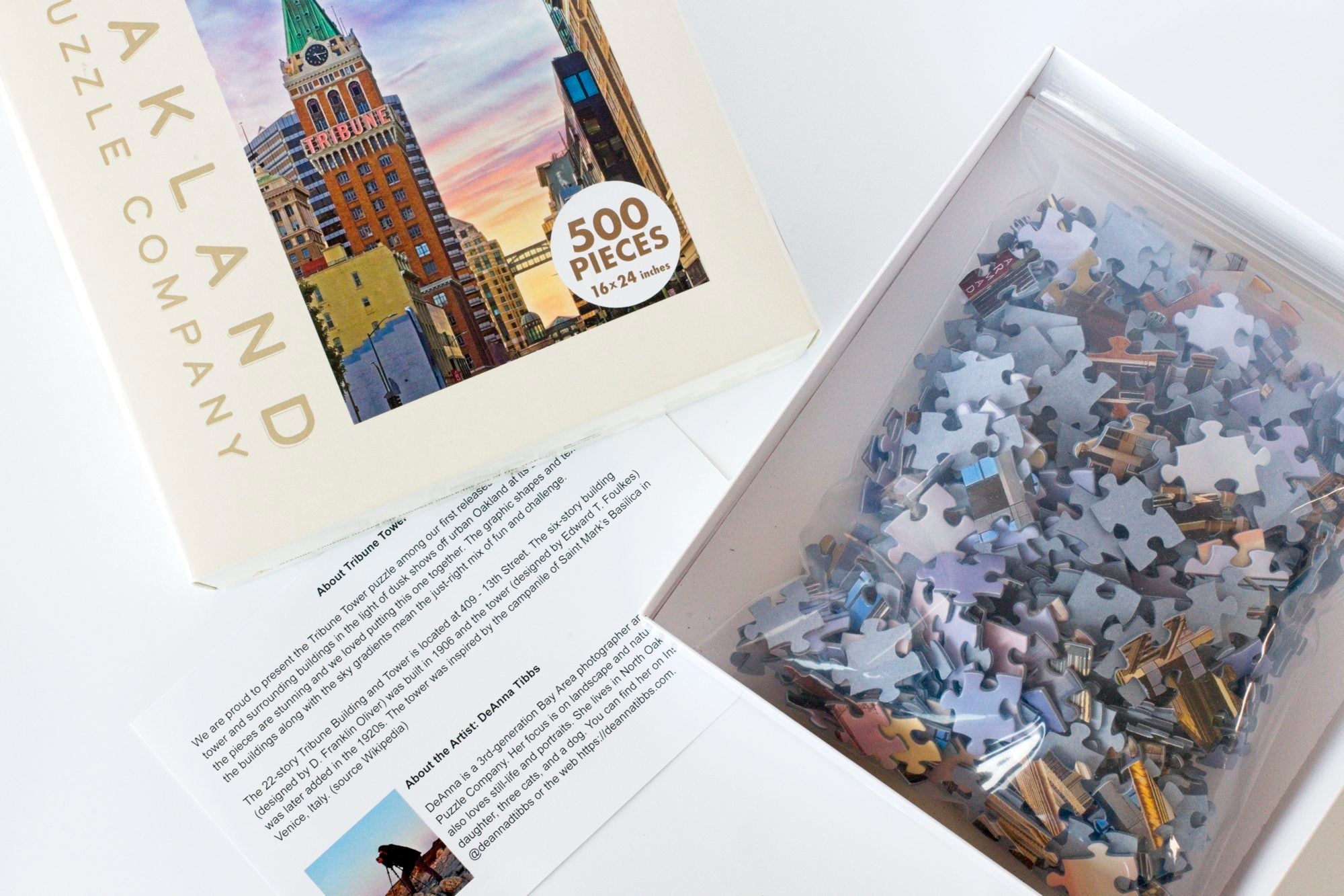 Open box of the Tribune Tower 500-piece Oakland jigsaw puzzle