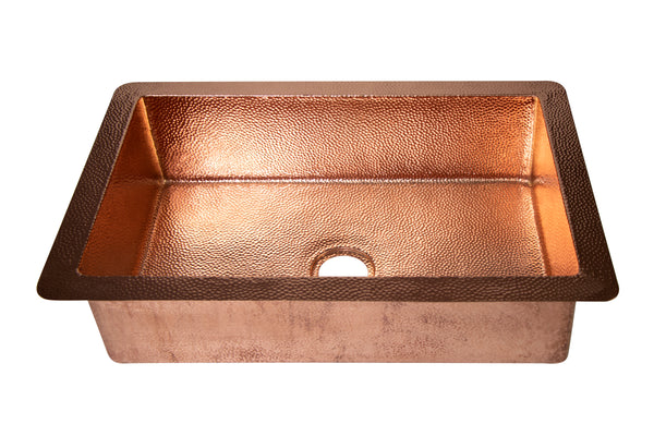 33" Drop-in Single Well Plain Hammered Copper Kitchen Sink