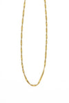 Flat lay of twisted snake chain necklace in gold and silver options on neutral background