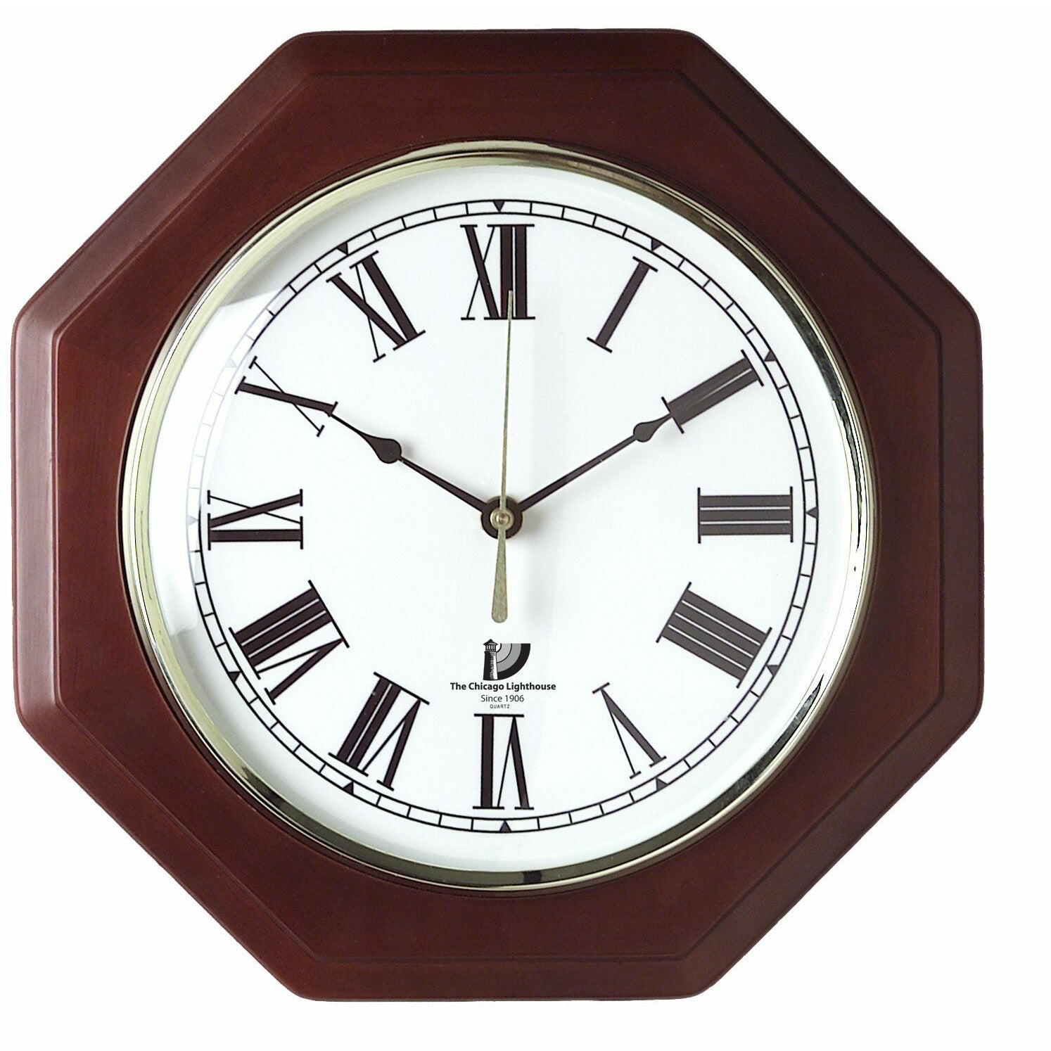 12 inch mahogany octagon hardwood quartz clock with white Roman numeral dial and glass crystal bezel