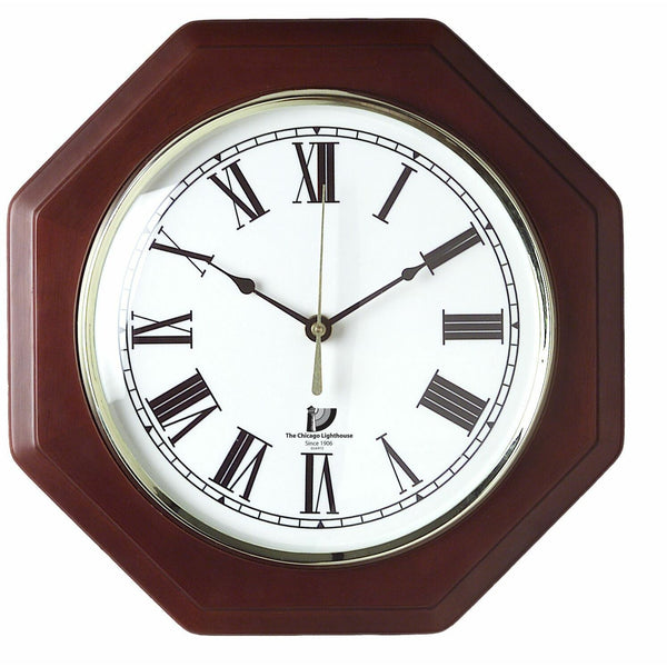 12 inch mahogany octagon hardwood quartz clock with white Roman numeral dial and glass crystal bezel