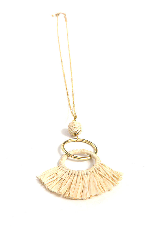Close-up of natural raffia fringe pendant necklace, nickel-free and ethically handmade