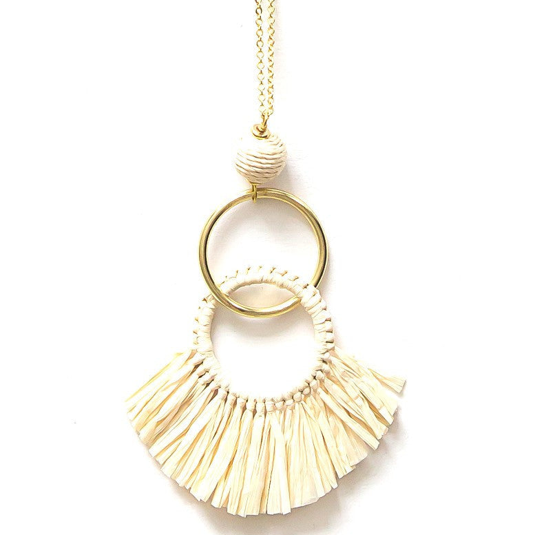 Raffia fringe statement necklace on brass-plated recycled metal chain by Fair Anita