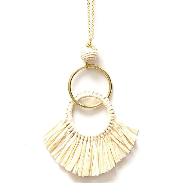 Raffia fringe statement necklace on brass-plated recycled metal chain by Fair Anita