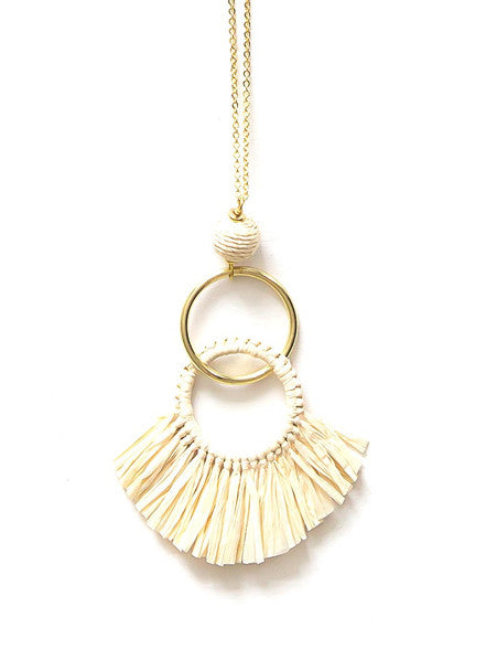 Eco-friendly raffia fringe necklace — natural boho jewellery gift under $20