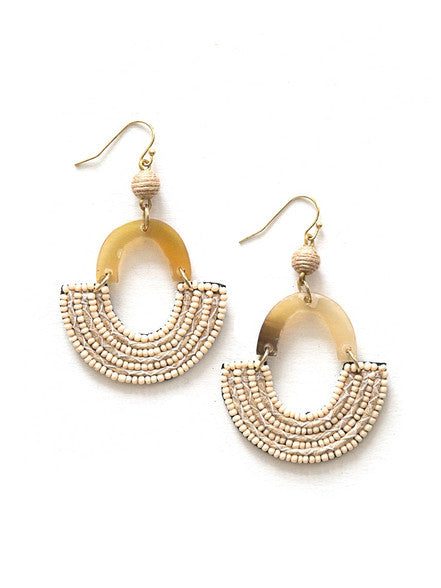 Desert Storm horn earrings with brass-plated recycled metal and glass beads — ethically made