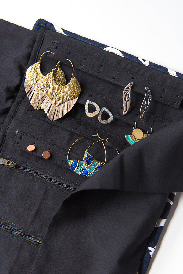 Wayfarer Jewelry Roll – Geometric Navy | Organic Cotton Travel Organiser