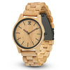 Wooden watch with a visible brand logo on a white background
