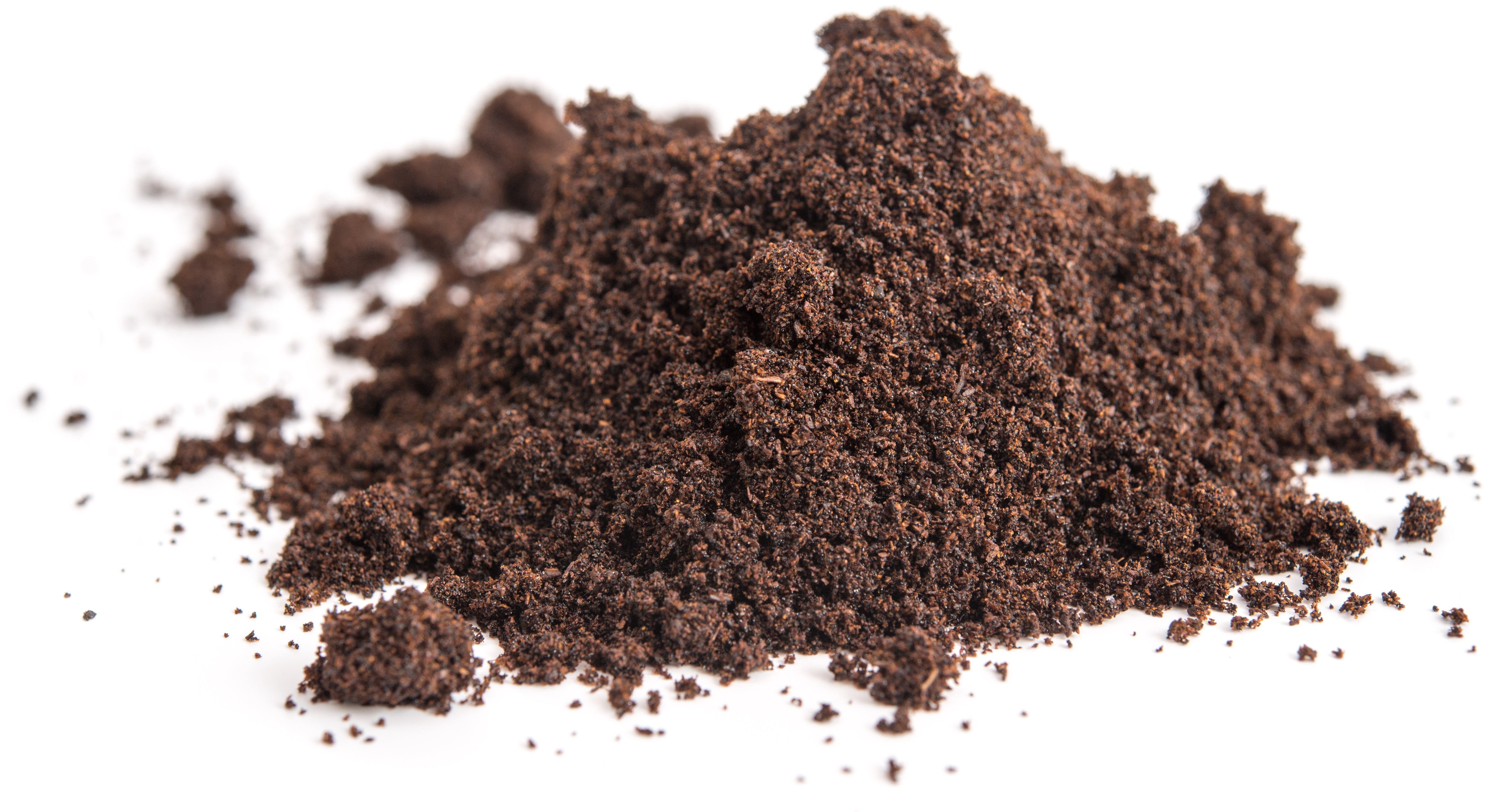 Pile of dark brown coffee grounds on a white background