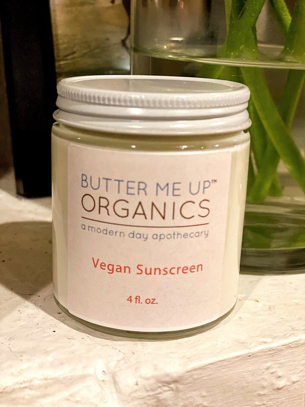 Butter Me Up Organics Vegan Organic Sunscreen SPF 45 in a 4oz glass jar with non-nano zinc oxide formula