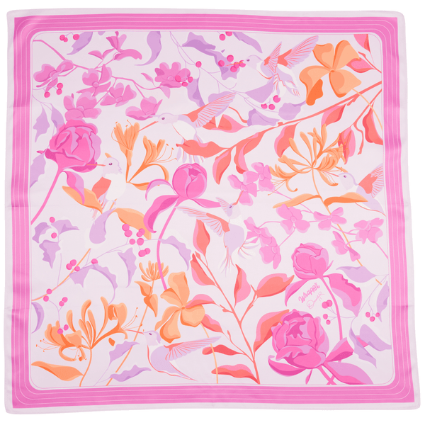 Floral patterned fabric with pink and orange flowers on a white background