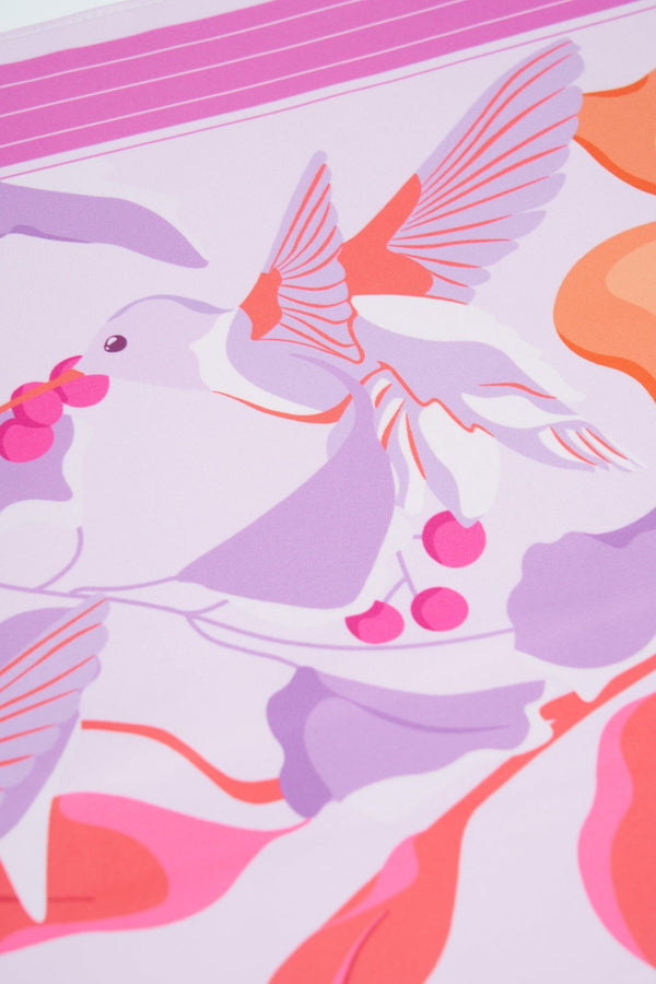 Colorful pattern of birds and cherries on a white background