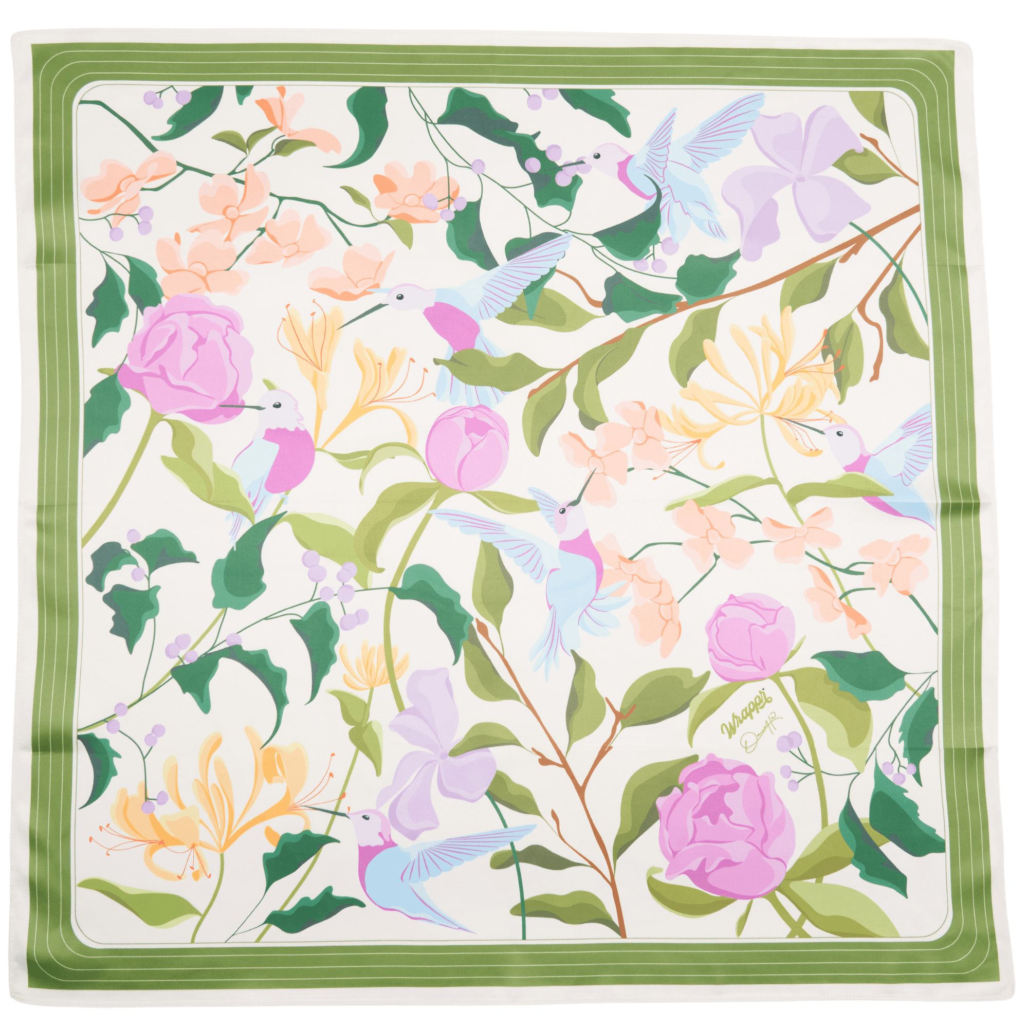 Floral and bird patterned fabric with a green border on a white background