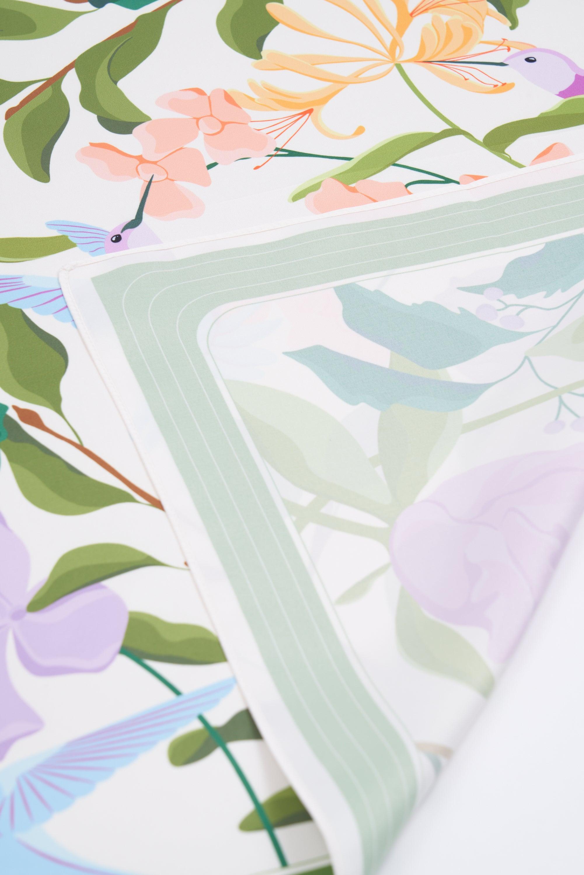 Floral and bird patterned paper with a focus on a green sheet.