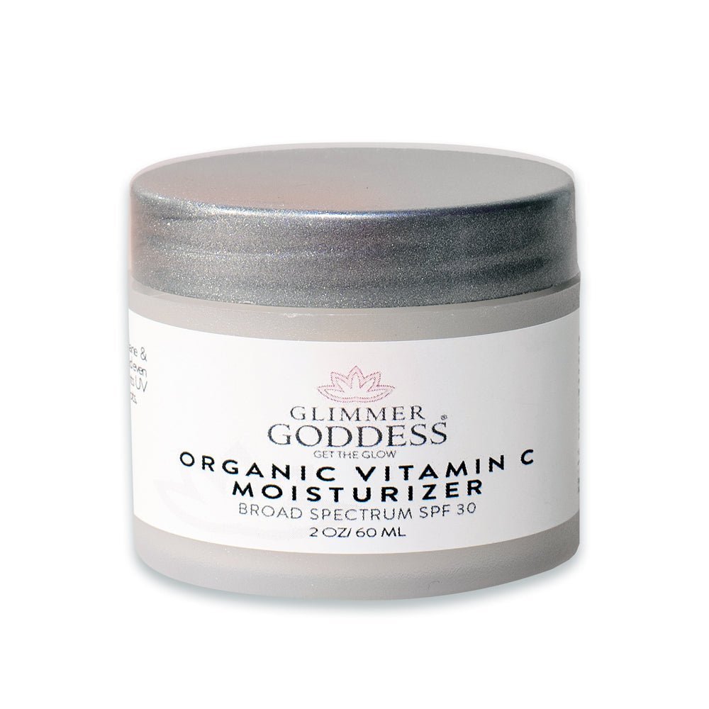 Close-up of Glimmer Goddess Vitamin C serum and moisturiser from the 6-step brightening system