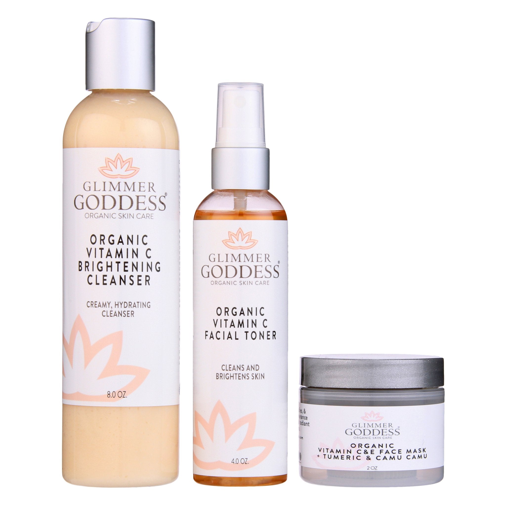 Glimmer Goddess Vitamin C Brightening 3-Step Organic Cleansing Kit for dark spots and uneven skin tone